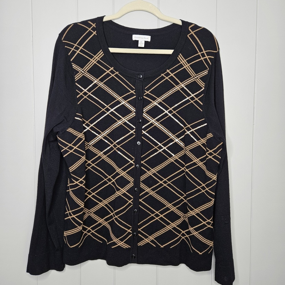 Charter Club Sweater XXL Black Gold Button Up Closure